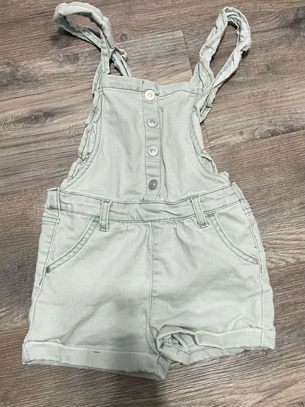 Kids girls Light Sage Green Button-Front Denim Overall Shorts size 5T